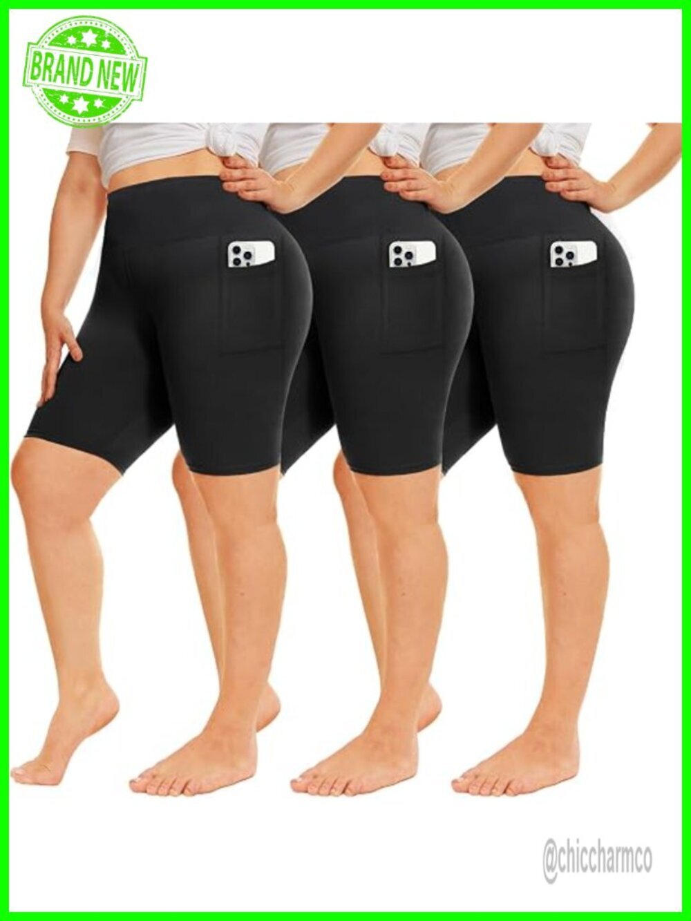 3 Pack Plus Size 8" High Waisted Biker Shorts with Pockets